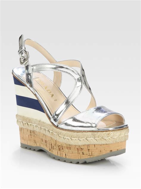 prada metallic leather espadrille wedge sandals|prada espadrilles denim.